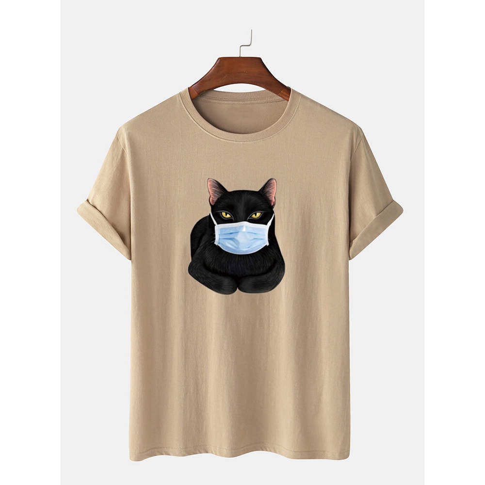 Fashion Cartoon Cat Mask Printing Short Sleeve O-Neck T-shirts - Grey S