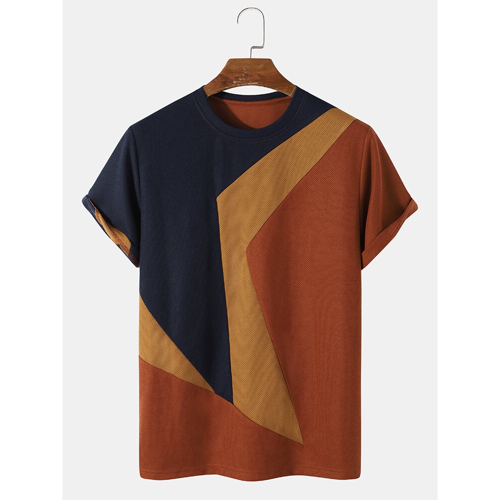 Mens Color Block Veins Crew Neck Casual T-Shirts - Orange 2XL