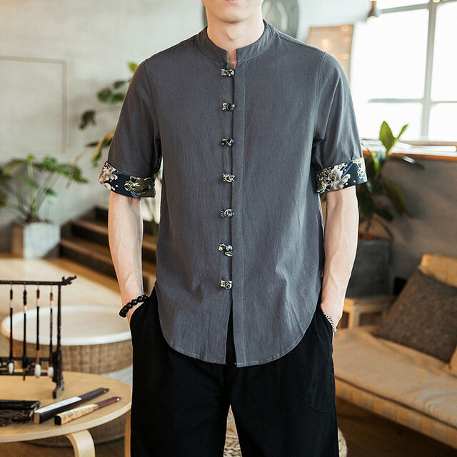Season Chinese Style Cotton And Linen Short-sleeved Shirt Male Chinese Style Collar Retro Disc Buckle Color Printing Tang Suit Half Sleeve Shirt - L
