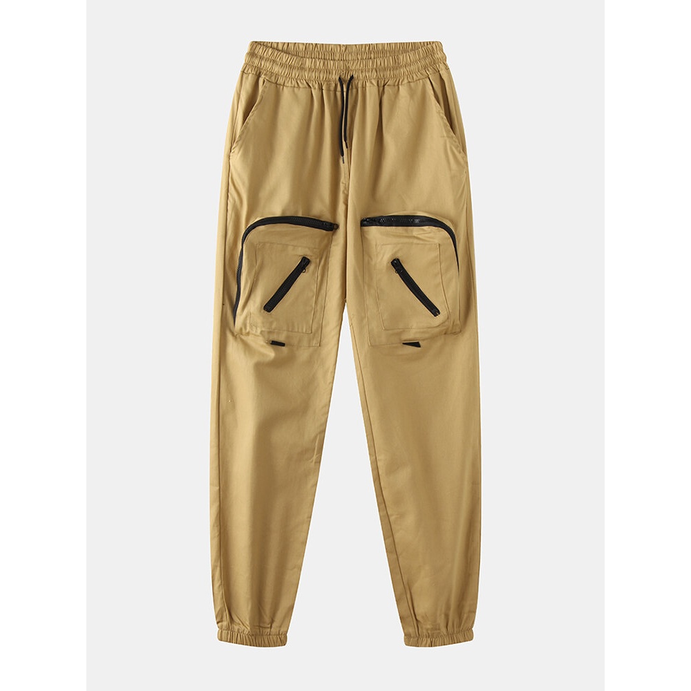 Mens Vintage Double Pockets Elastic Waist Solid Color Casual Jogger Pants - Black M