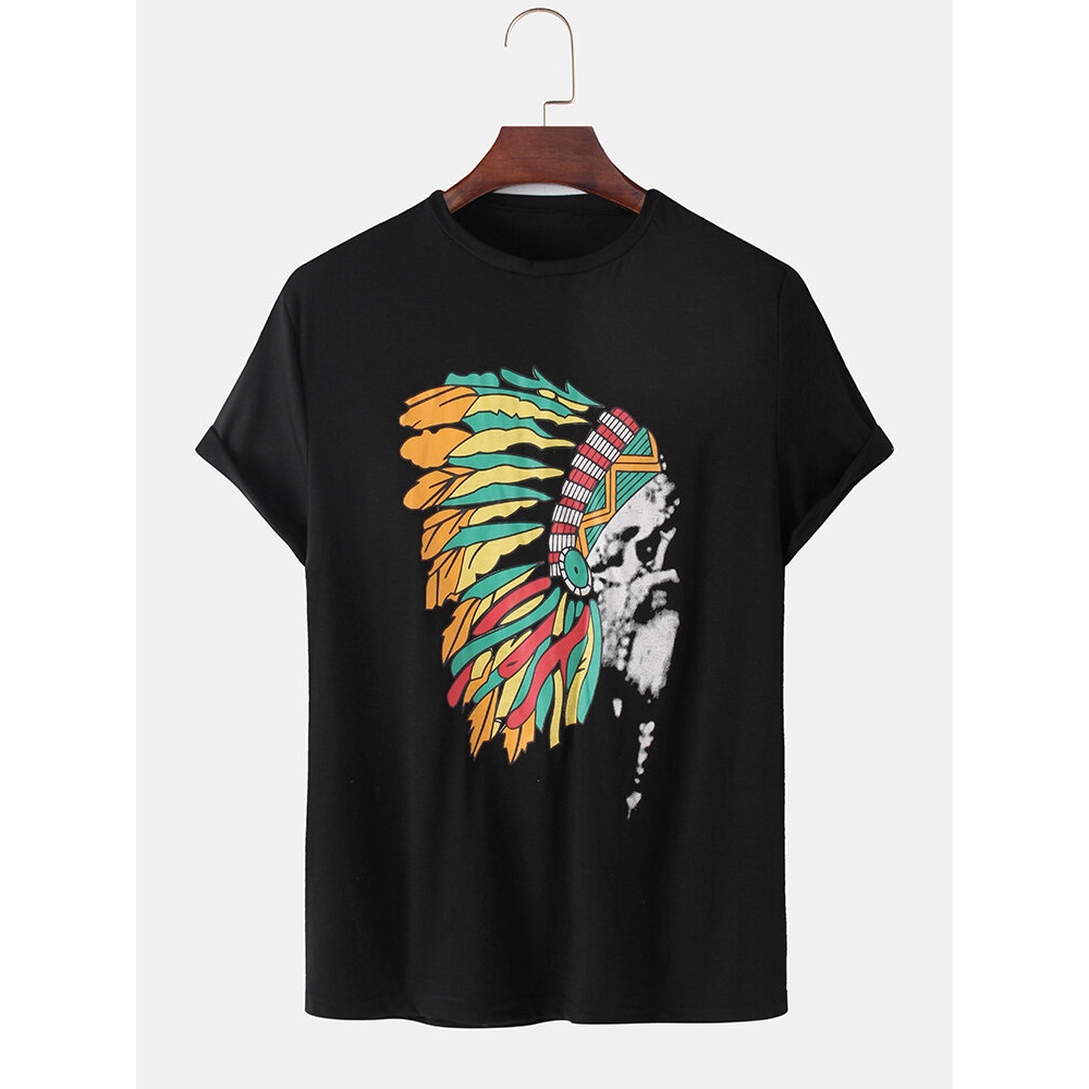 Mens Ethnic Figure Print Loose Light Casual Round Neck T-Shirts - Black L