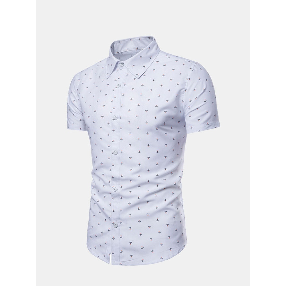 Casual Anchor Printing Slim Dress Shirts - S White
