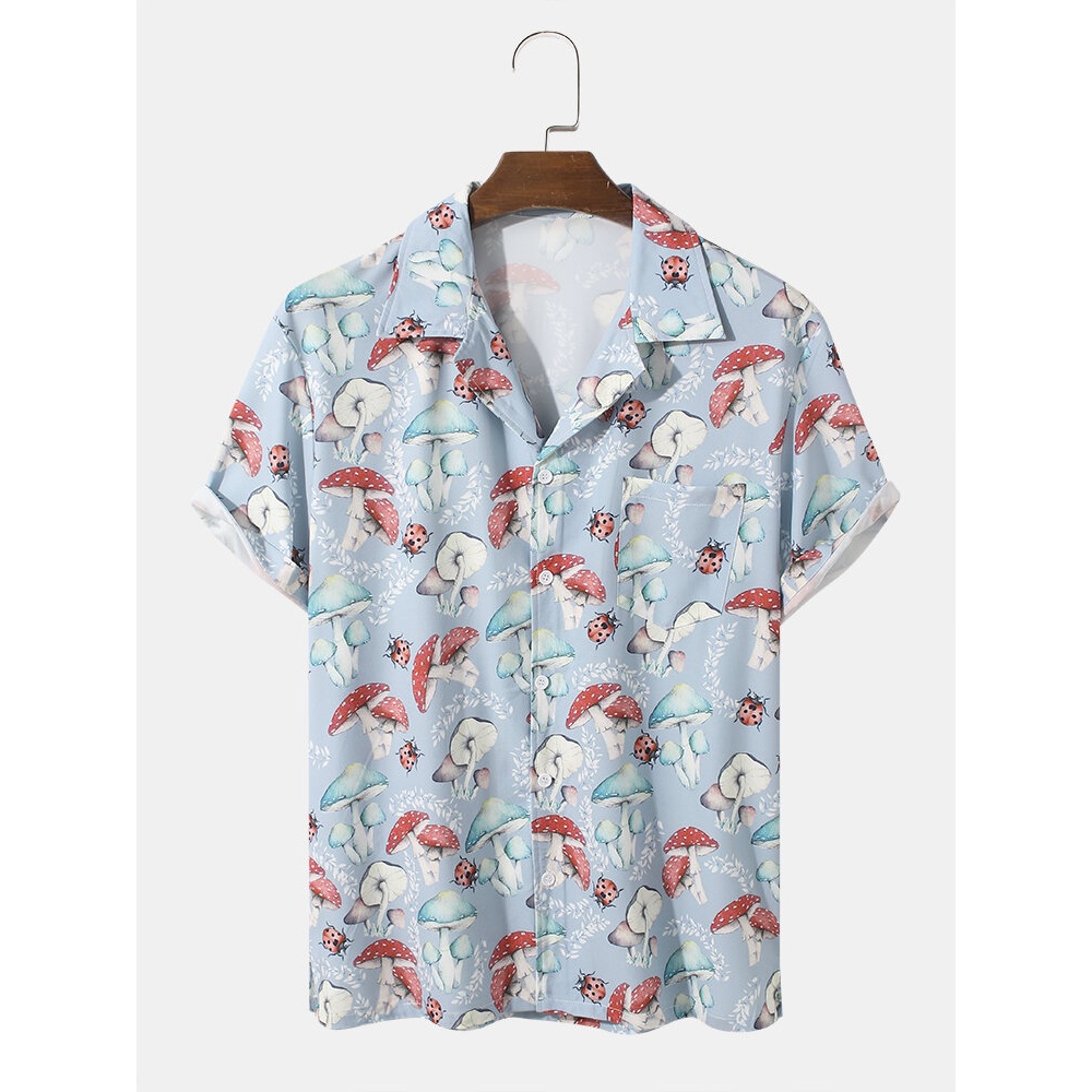 Mens Mushroom Print Revere Collar Short Sleeve Regular Hem Shirt - Grey S
