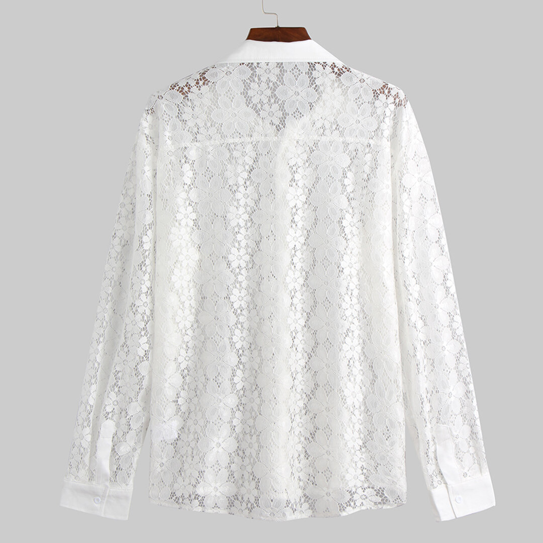 Men Lace Solid Color Long Sleeves Lapel Shirts - M Black - Image 2