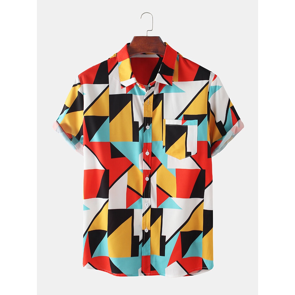 Mens Casual Color Block Breathable Pocket Short Sleeve Shirts - Yellow XL