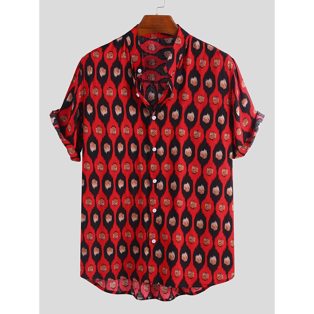 Men kernel Print Short Sleeve Relaxed Shirts - 2XL Red