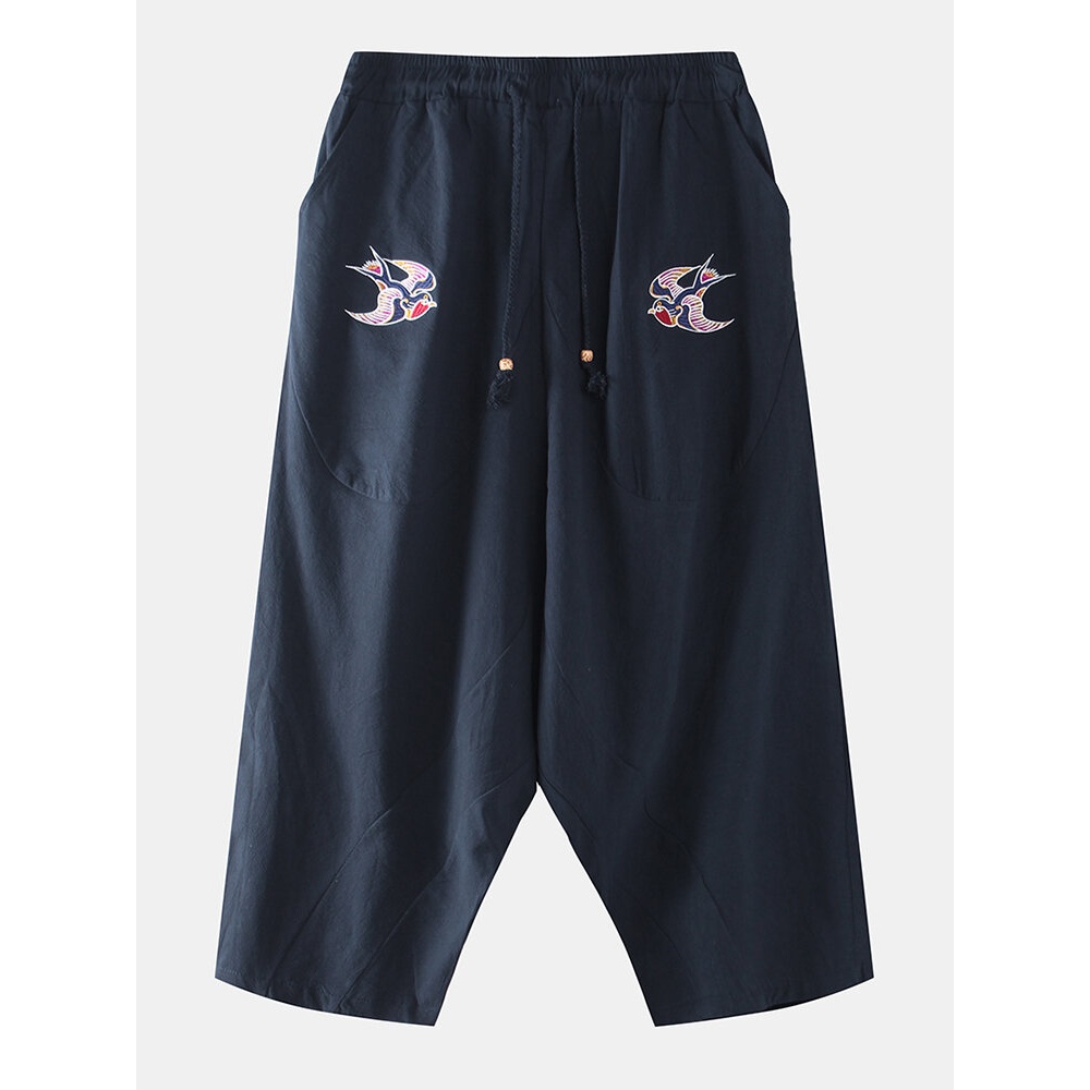 Mens Oriental Swallow Embroidery Casual Drop-Crotch Pants - Blue M