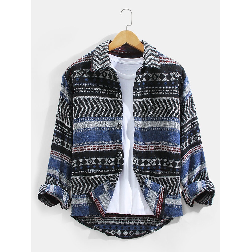 Mens Ethnic Style Tribal Pattern Lapel Button Up Long Sleeve Cotton Shirts - S #01