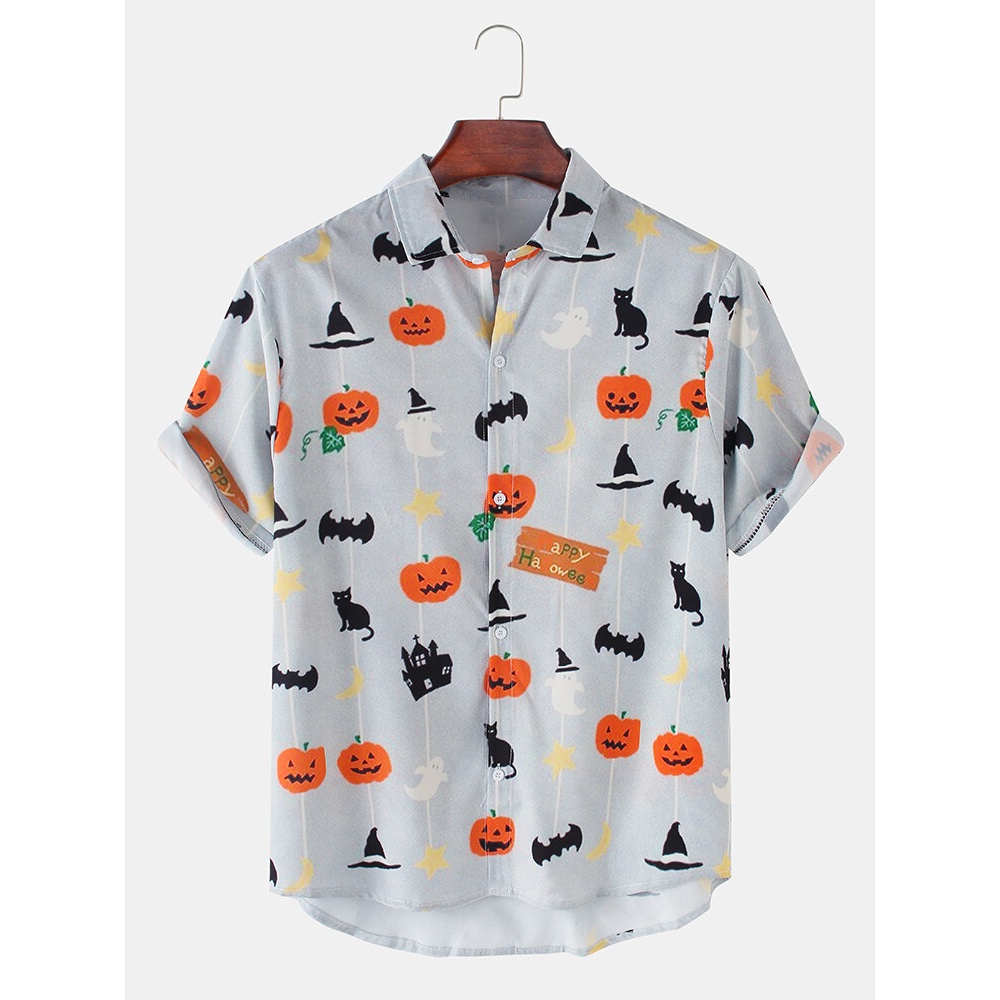 Mens  Funny Pumpkin Cat Printed High Low Hem Short Sleeve Shirts - Grey M