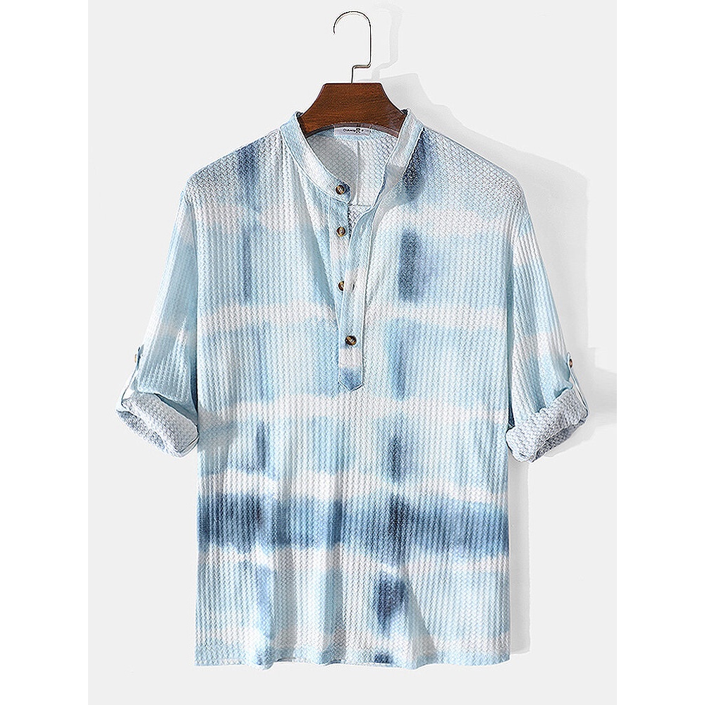 Mens Waffle Tie-Dye Print Button Long Sleeve Henley Shirt - Blue S