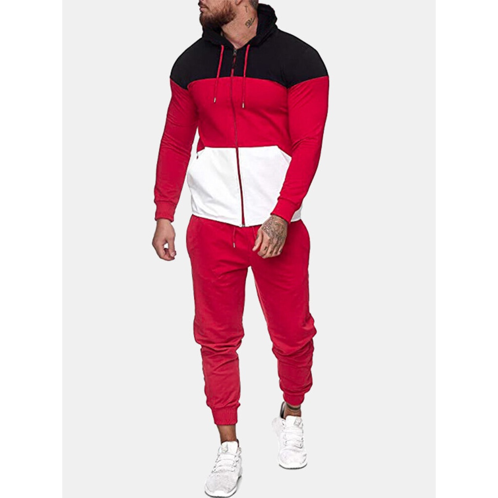 Mens Tricolor Patchwork Hoodie Jacket Drawstring Jogger Pants Sport Two Piece Set - Green S