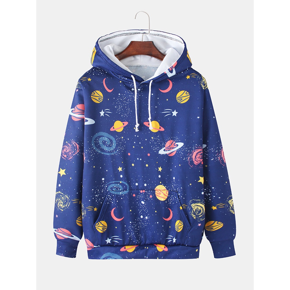Mens Cartoon Galaxy Print Kangaroo Pocket Long Sleeve Drawstring Hoodies - Navy XL