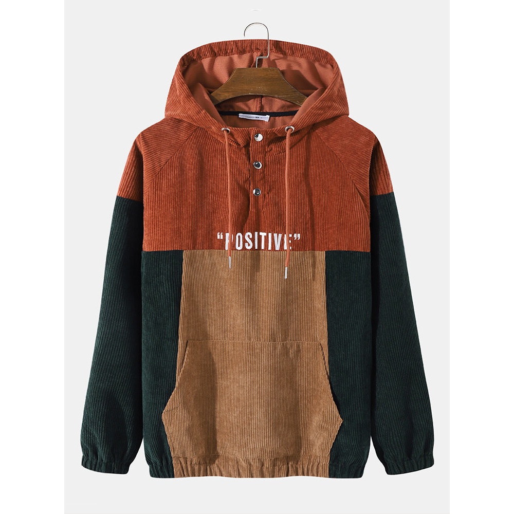 Men Corduroy Patchwork Contrast Color Embroidery Letter Hooded Sweatshirt - Red S