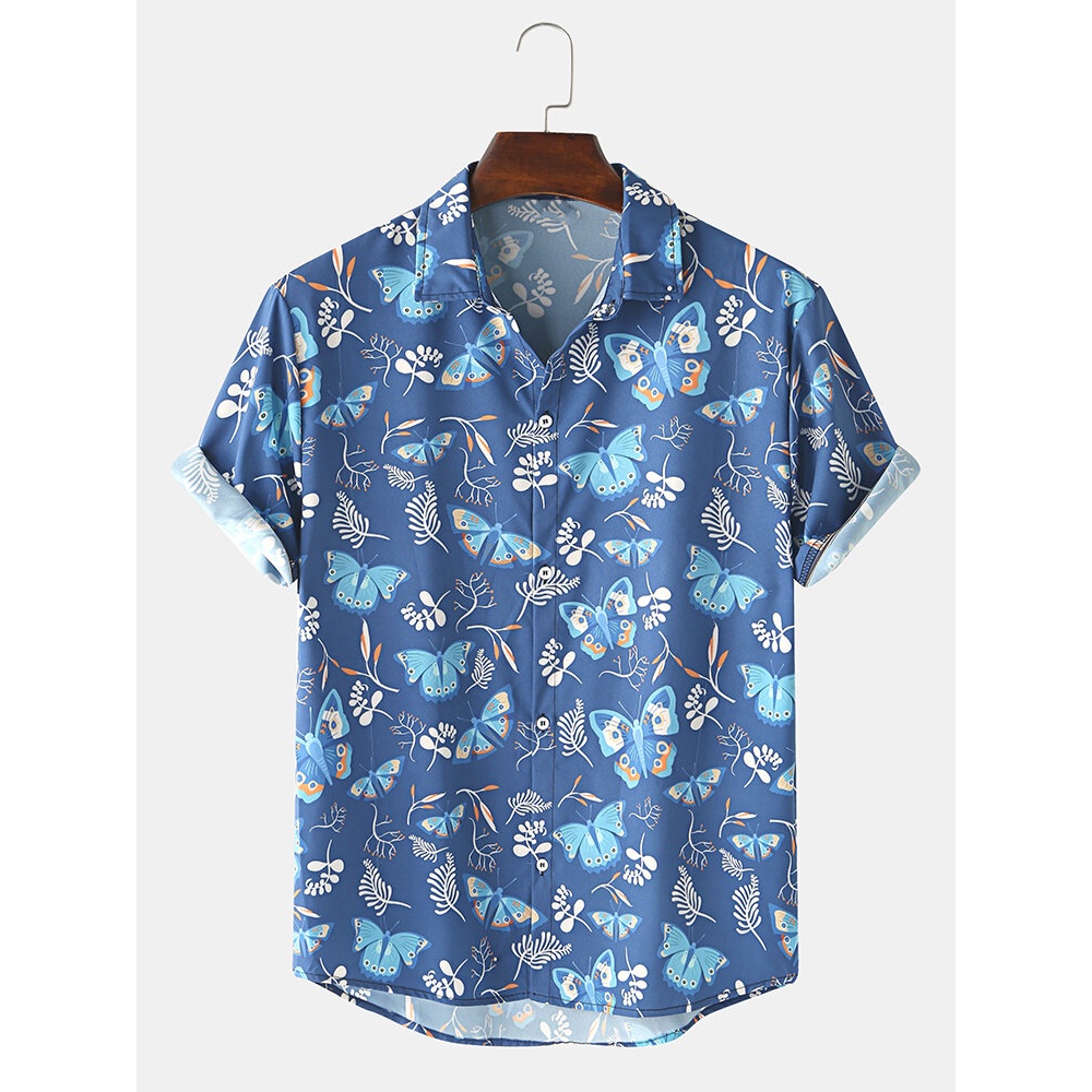 Mens Cartoon Butterfly Print Turn Down Collar Short Sleeve Shirts - Blue L