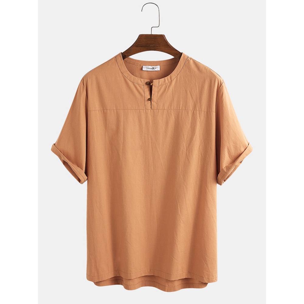 Mens Vintage 100% Cotton V Neck Button Breathable Casual T-Shirts - Orange 2XL