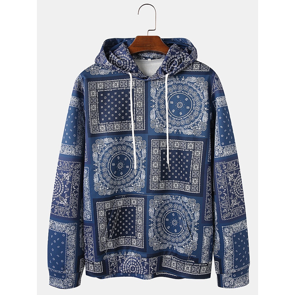 Mens Allover Ethnic Print Relaxed Fit Pouch Pocket Drawstring Hoodies - Blue XL