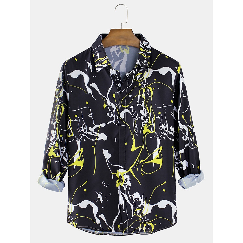Mens Design Graffiti Print Lapel Long Sleeve Casual Black Shirts - Black XL