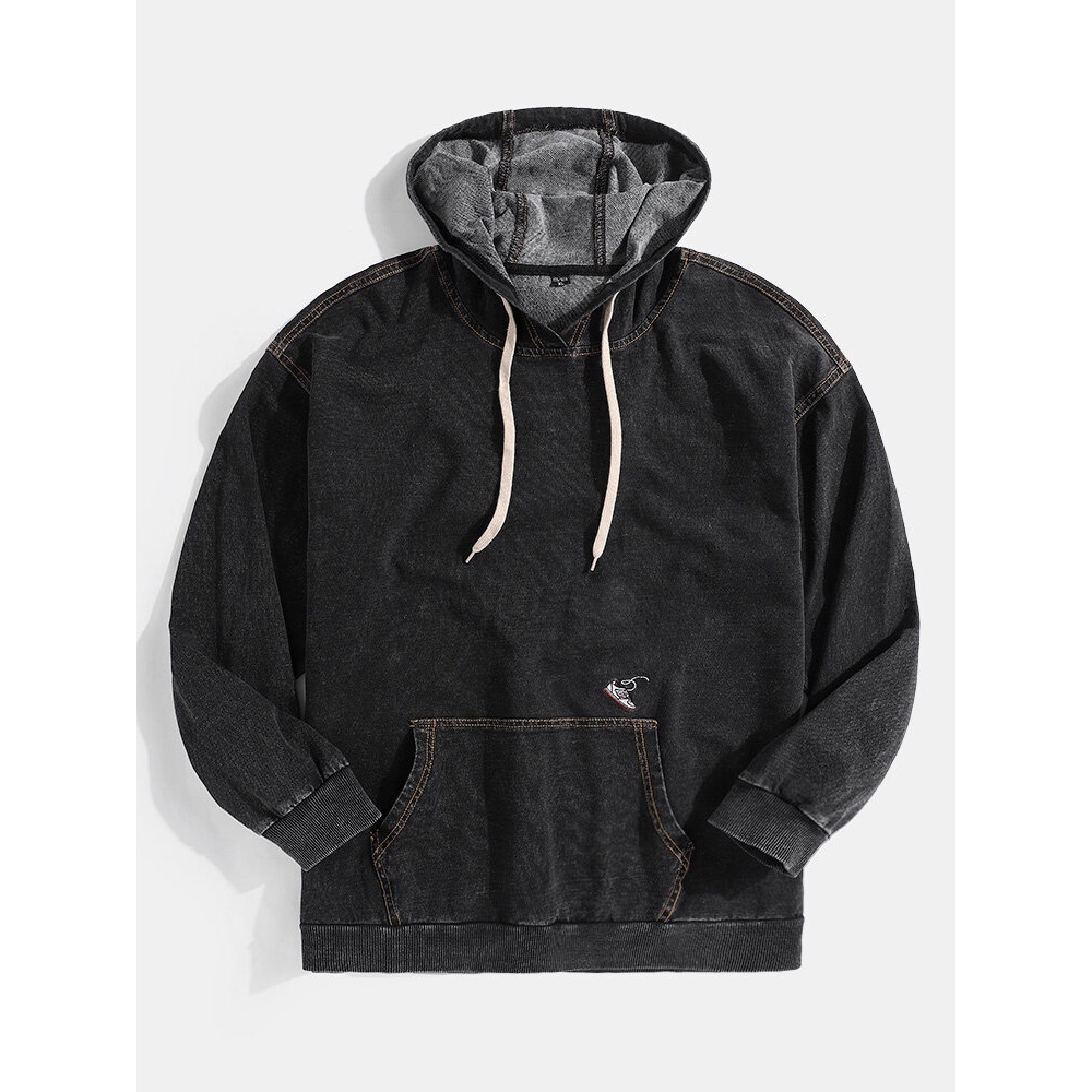 Mens Kangaroo Pocket Vintage Long Sleeve Denim Hoodies - Blue L