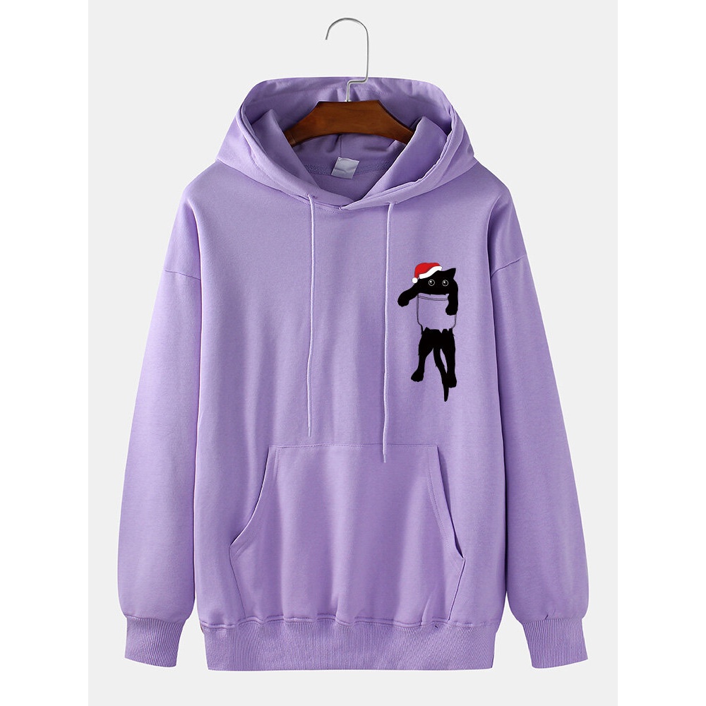 Mens  Hat Cute Cat Print Drop Shoulder Cotton Overhead Hoodies - White L