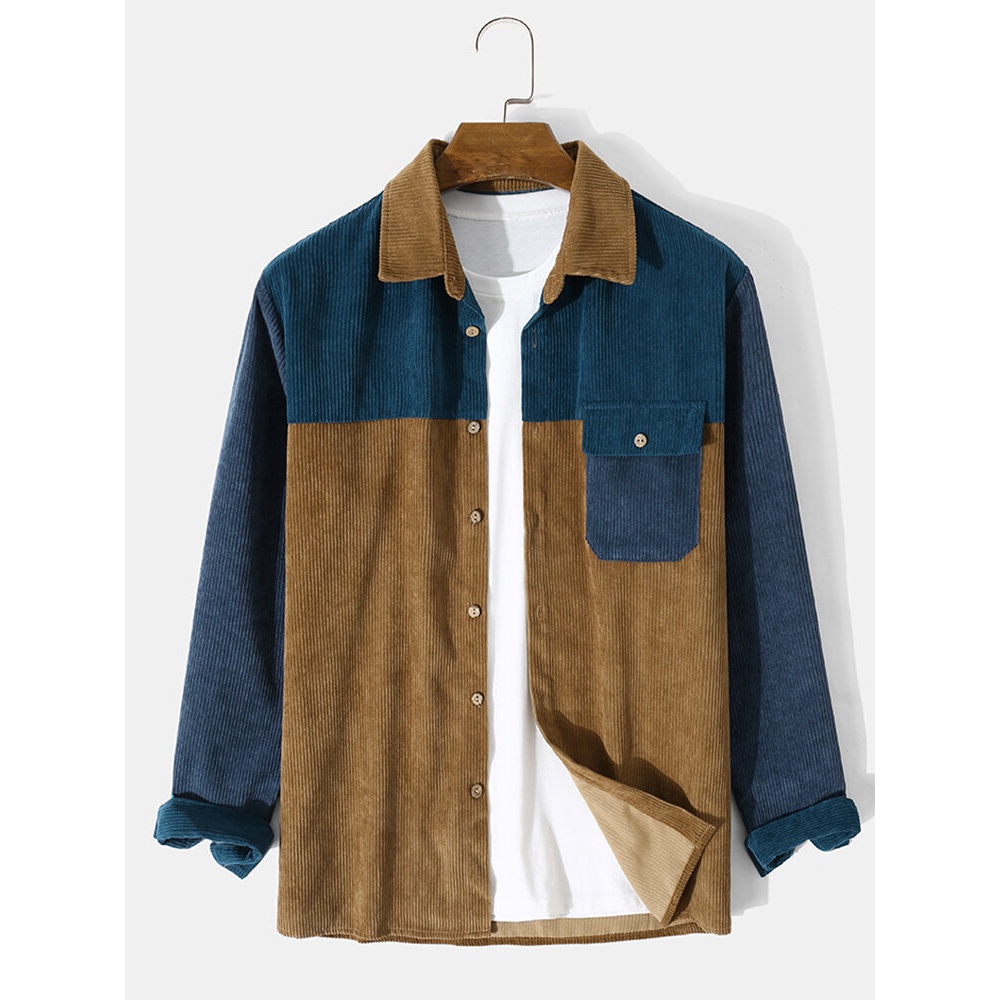 Mens Corduroy Splicing Color Block Button Pocket Casual Shirt - Brown S
