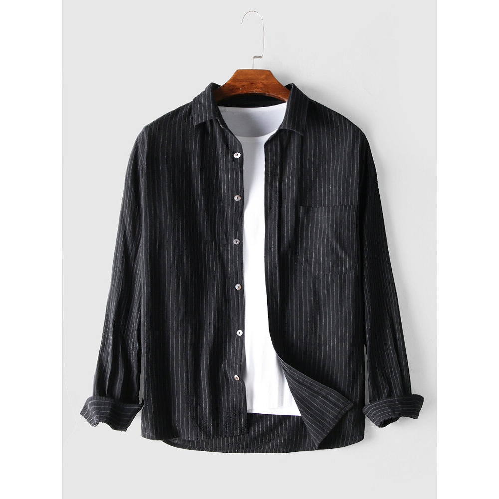 Mens Long Sleeve Leisure Fashion Striped Shirts - XL Black