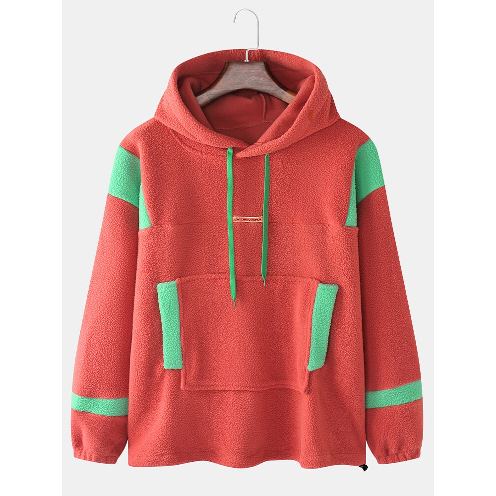 Mens Patchwork Pocket Soft Lambswool Long Sleeve Hoodies - L Orange