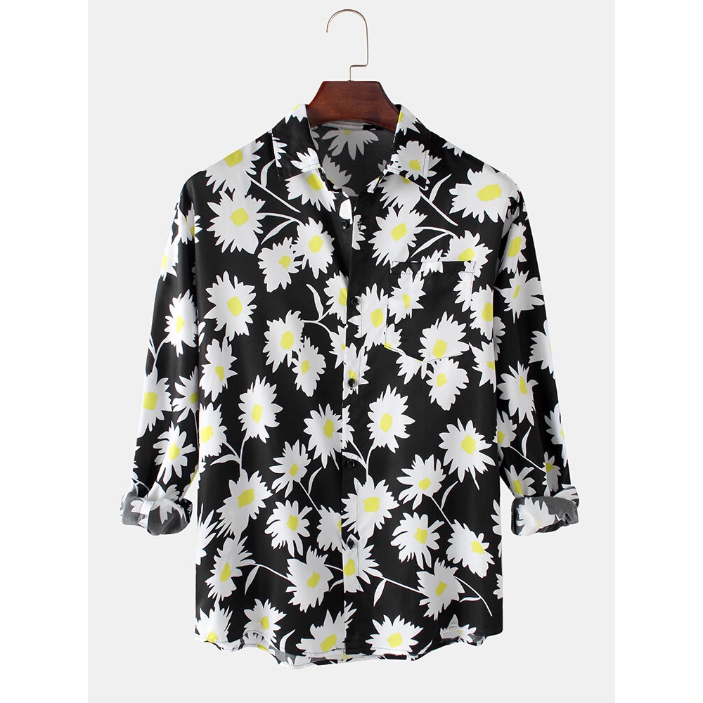 Mens Abstract Floral Print Lapel Collar Casual Long Sleeve Black Cotton Shirts - Black L