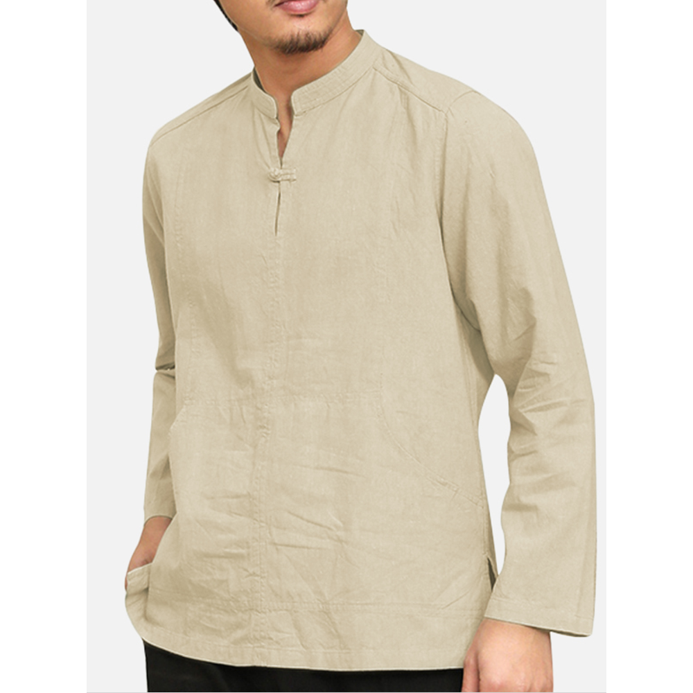 Mens Vintage Ethnic Chinese Style Cotton Casual T Shirt Tops - M Apricot