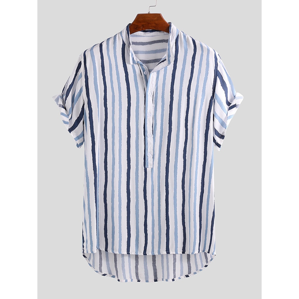 ChArmkpR Men Splashing Ink Vertical Stripe Henley Shirts - XL Pink