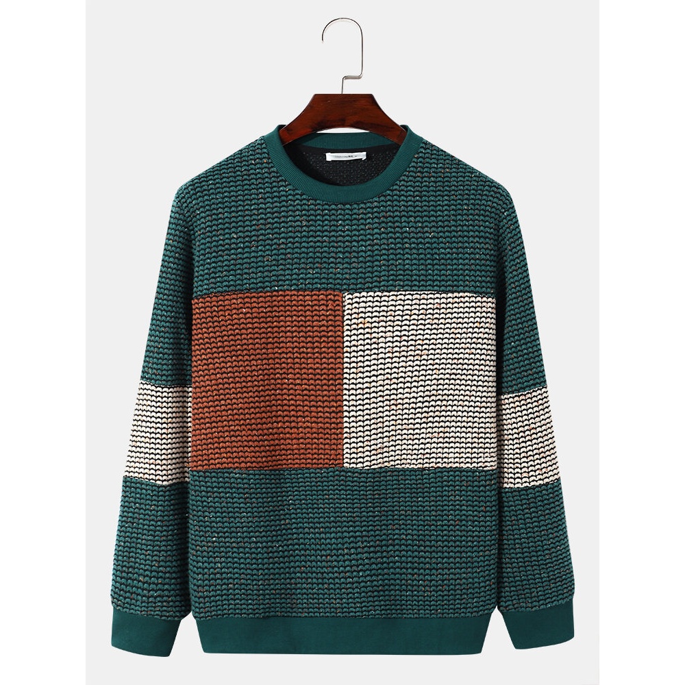 Men Knitted Patchwork Color Block Long Sleeve Casual Pullover Sweatshirt - Green S