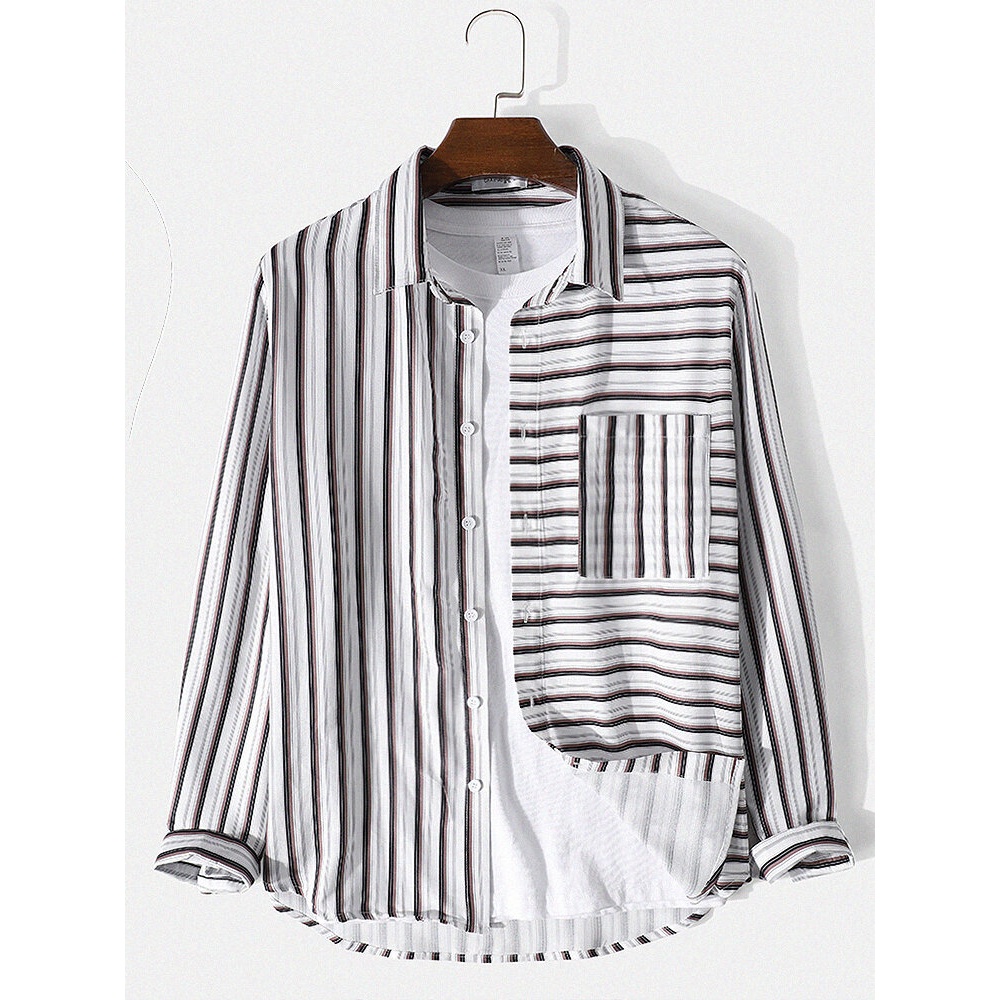 Mens Striped Mix Print Chest Pocket Lapel Long Sleeve Shirt - White S
