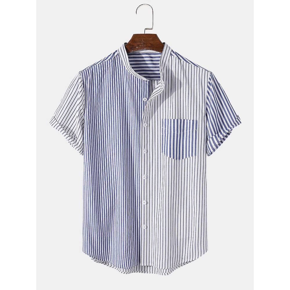 Mens Casual Patchwork Striped Stand Collar Shirts - Blue S