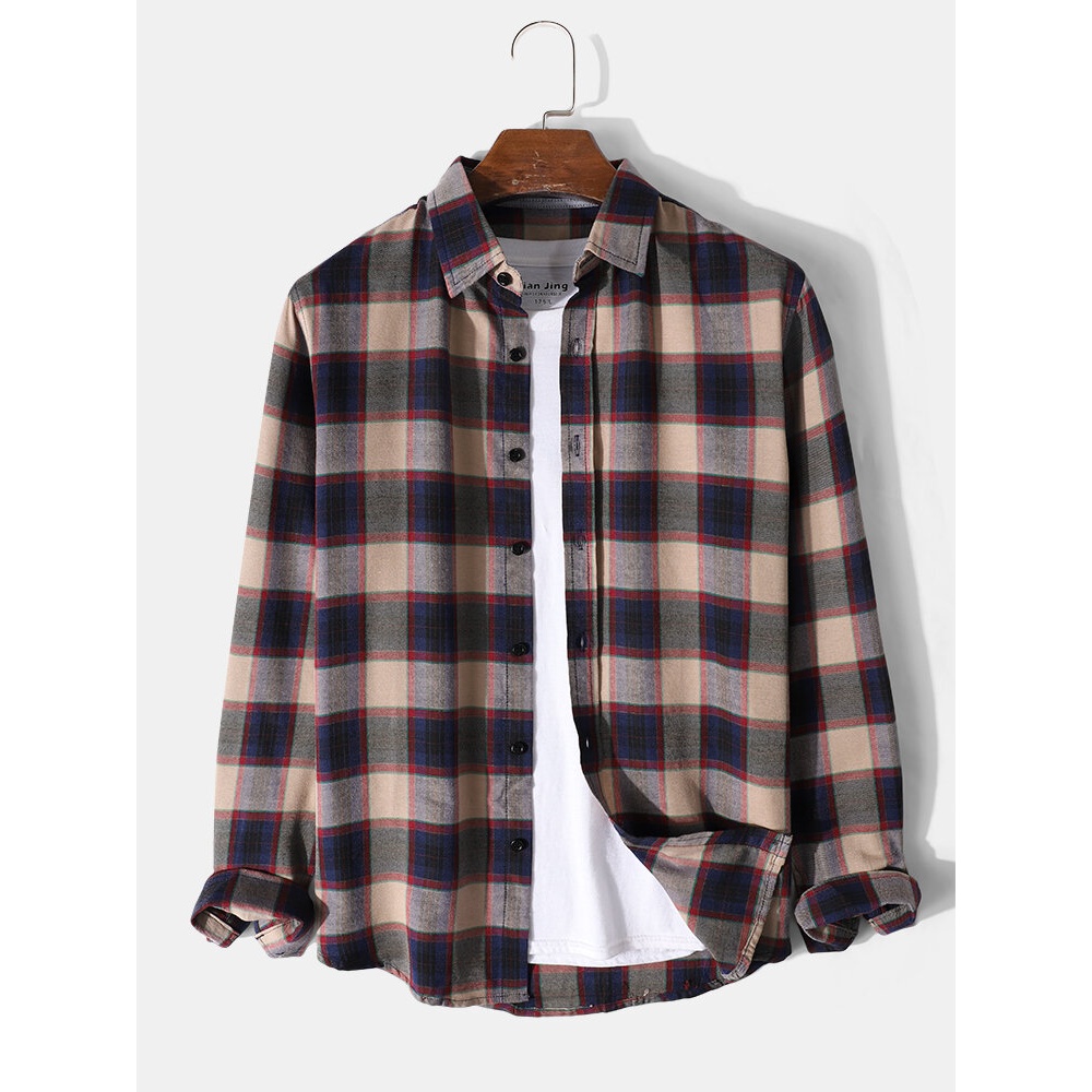 Mens 100% Cotton Regular Check Print Button Long Sleeve Lapel Shirt - Blue S