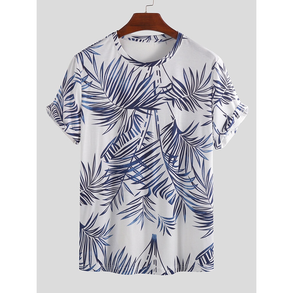 Men Palm Leaf Print Short Sleeve Crew Neck Hawaiian T-Shirts - 2XL Green