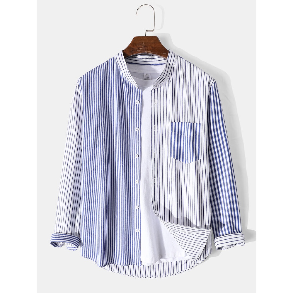 Mens Pinstripe Patchwork Stand Collar Casual Cotton Long Sleeve Shirts - White S