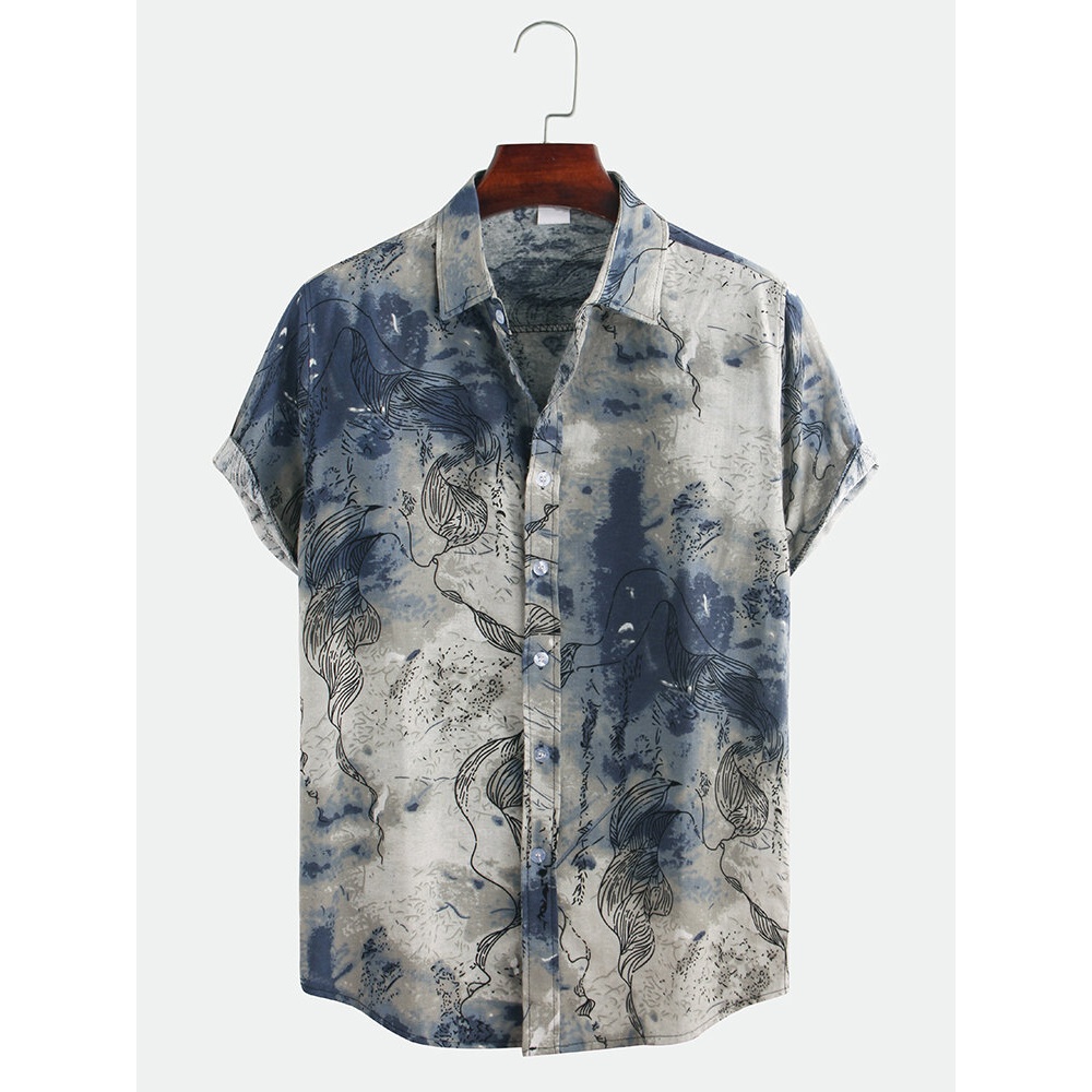Men Abstract Printed Short Sleeve Turn Down Collar Casual Shirts - S #1