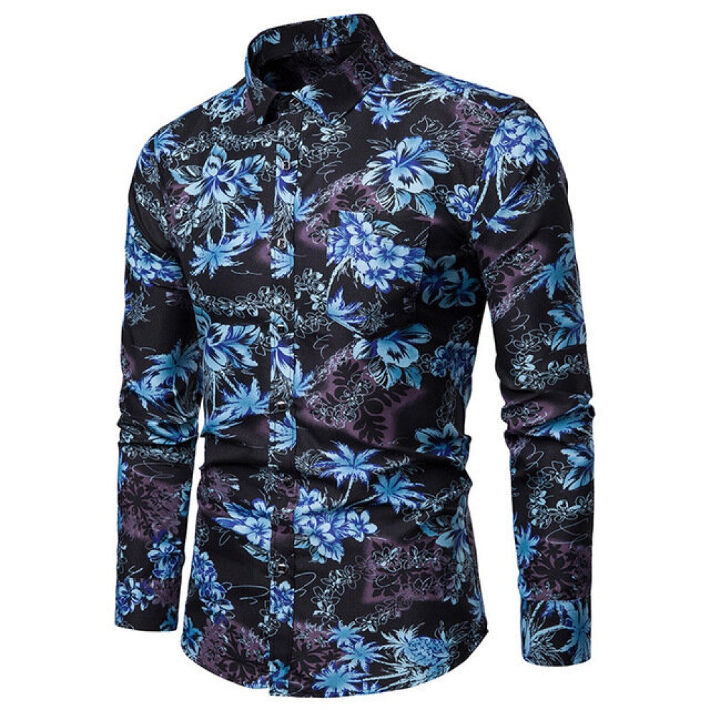 New Men's Large Flower Print Wild Nightclub Wind Casual Long-sleeved Shirt - XL Yellow Flower - Image 2