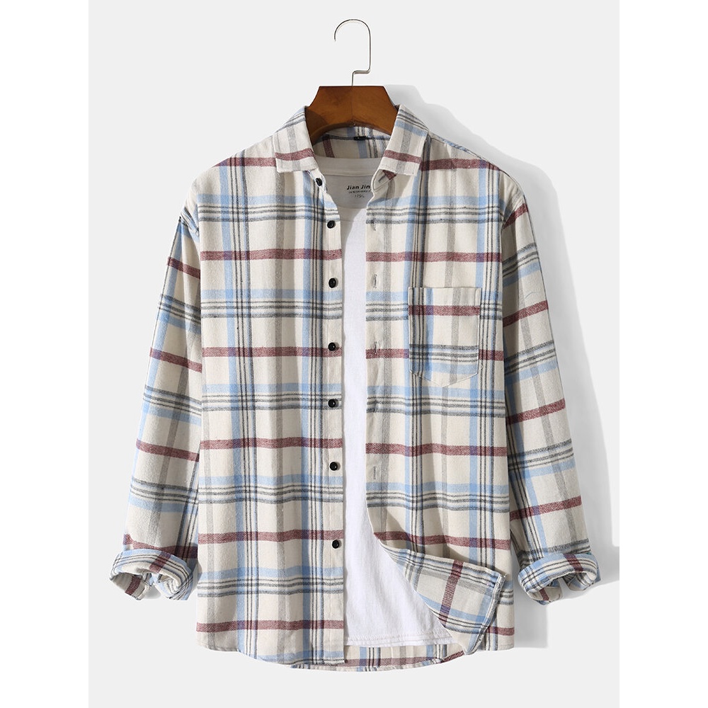 Men Cotton Plaid Lapel Collar Buttons Pockets Long Sleeve Casual Shirts - White S