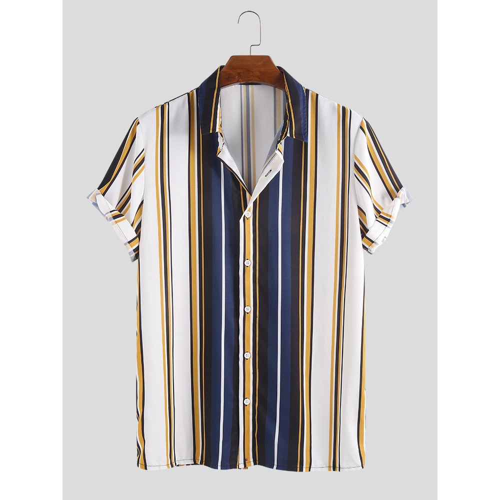 Mens Fashion Colorful Stripe Casual Summer Shirts - 2XL Black