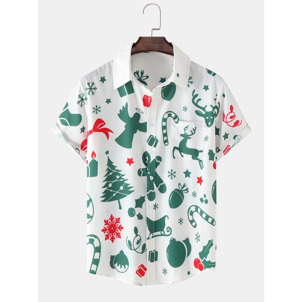 Mens All Over  Element Print Button Up Short Sleeve Shirts - White M