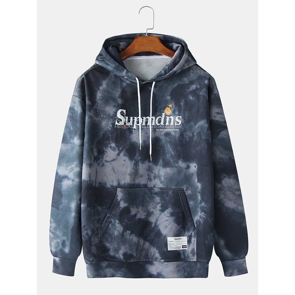 Mens Tie Dye Letter Print Drop Shoulder Pocket Casual Drawstring Hoodies - Black M