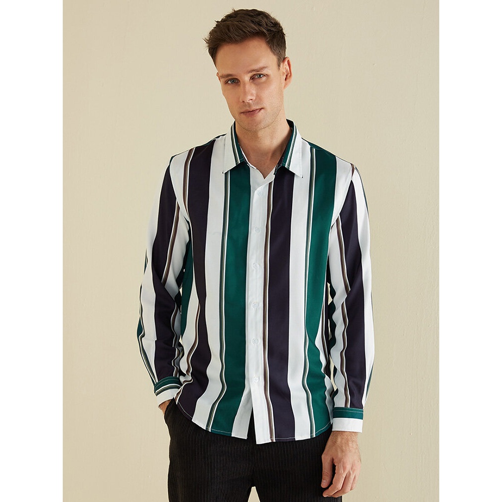 Men Colorful Stripe Lane Print Long Sleeve Shirts - Green 3XL