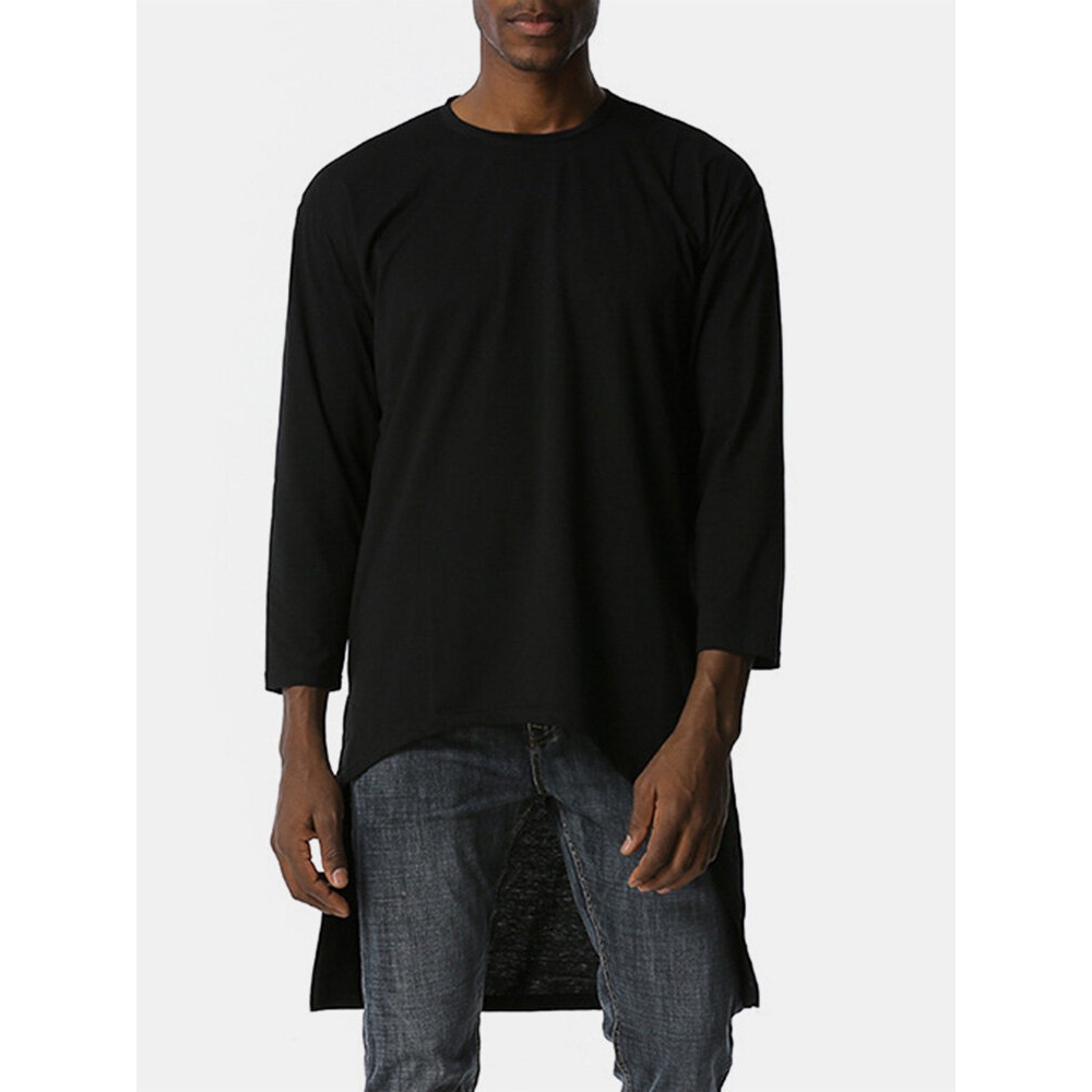Mens Solid Color Asymmetrical High-low Hem Long Sleeve Casual T-Shirts - Black M