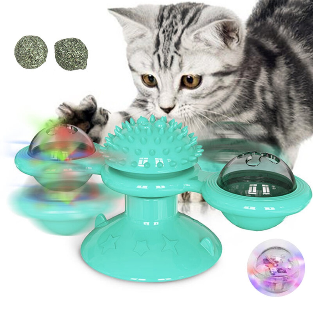 Cat Funny Toy Multifunction Windmill Turntable Massage Tickle Toy Hair Brush Pet Interactive Game with Luminous Ball - Green - Image 2