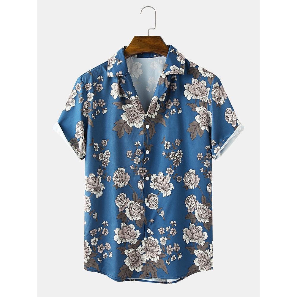 Mens Casual Flower Print Revere Collar Short Sleeve Shirts - Blue S