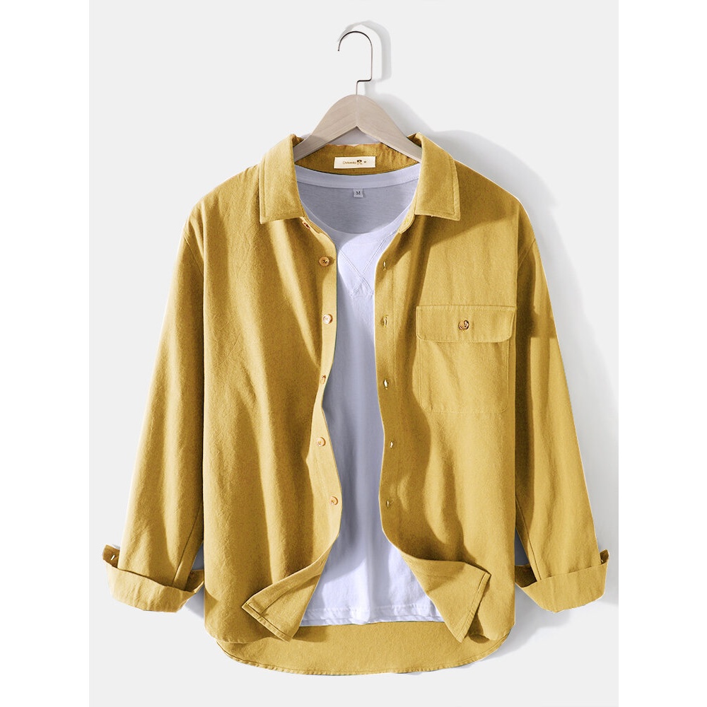 Mens 100% Cotton Plain Casual Long Sleeve Shirts With Flap Pocket - Green XL