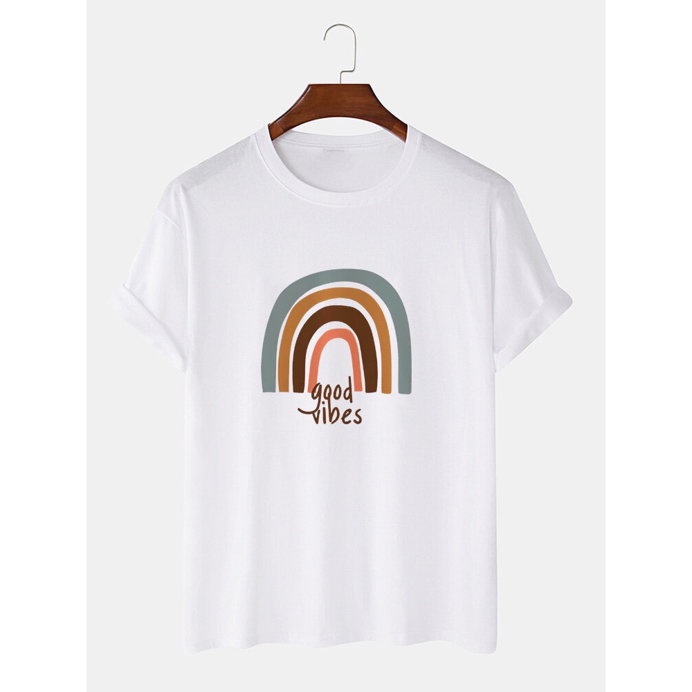 Rainbow & Letter Print Round Neck Short Sleeve Cotton Loose T-Shirts - White L