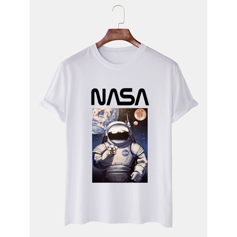 Mens NASA Cartoon Print Crew Neck Breathable Casual T-Shirts - White L