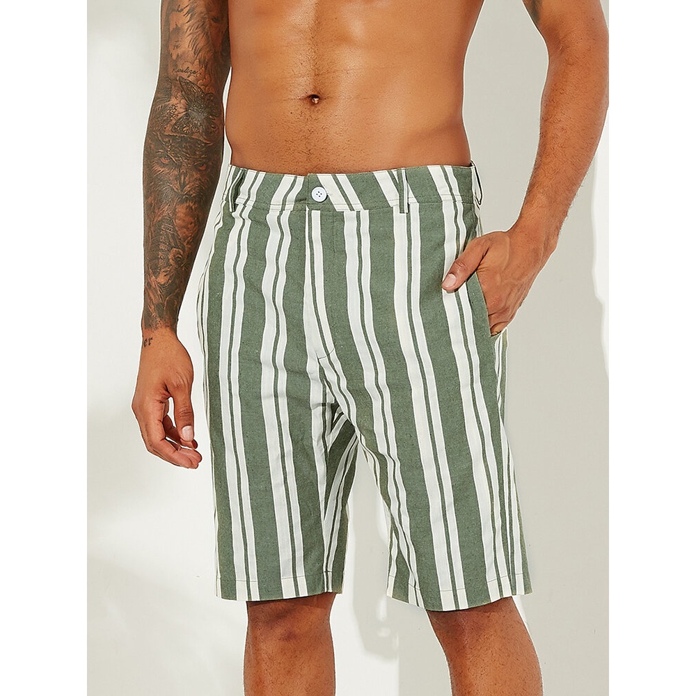 Men Sumemr Beach Stripe Breathable Big Pocket Casual Shorts - XL Green