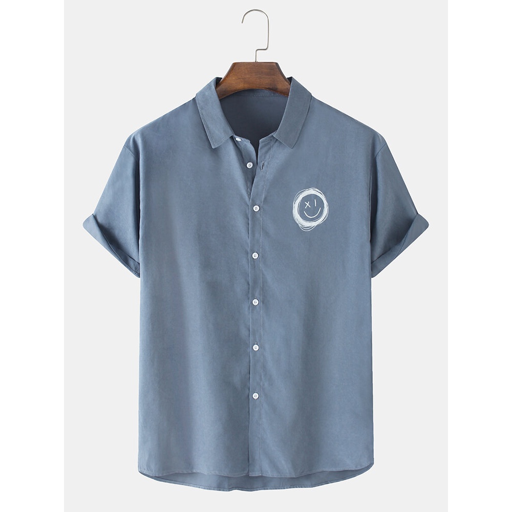 Mens Graffiti Emojis Print Button Up Short Sleeve Simple Shirts - White S